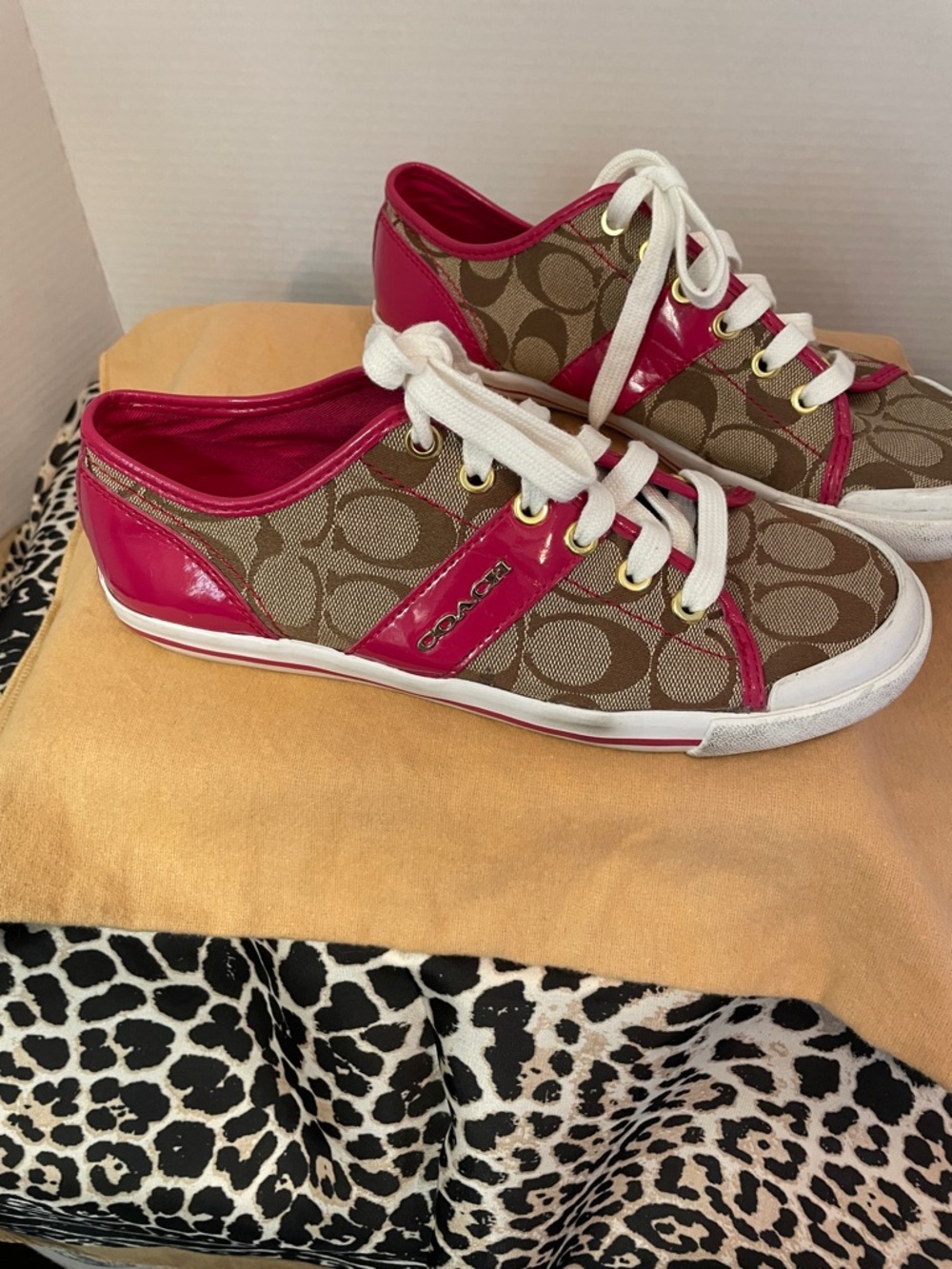Coach Monogram Low-Top Sneakers with Pink Trim - Picture 3 of 11
